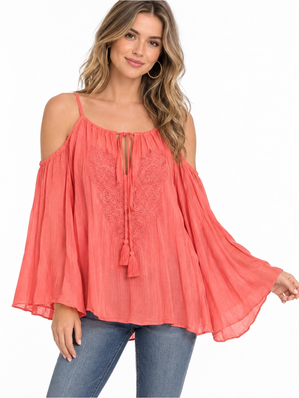 Jessica Simpson Cold-Shoulder Bohemian Blouse Size Medium – Coral/Salmon NWT